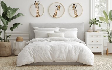 Cozy bedroom with giraffe decor and natural elements in bright space