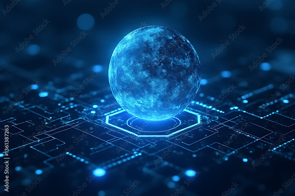 Poster futuristic tech event featuring glowing blue sphere on digital circuit board virtual environment