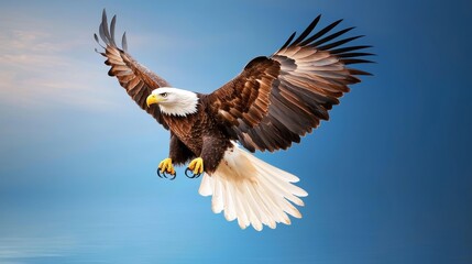 Fototapeta premium A majestic eagle soaring high in the sky, with its wings spread wide against a cloudless blue backdrop.