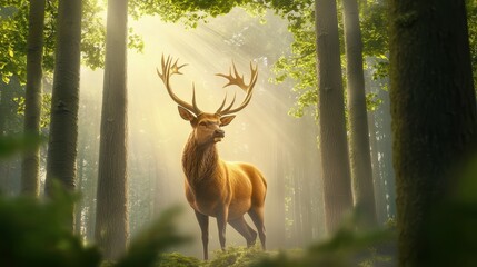A majestic stag standing proudly in a dense forest, its antlers framed by the towering trees and soft dappled sunlight.