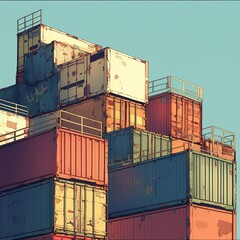 Fototapeta premium Stack of shipping containers representing global trade and logistics, symbolizing international commerce, import export, and supply chain management concepts.