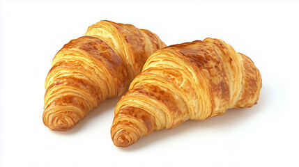 High-angle, close-up studio shot of two golden-brown croissants on a clean white background.  The croissants exhibit a flaky, layered texture with visible browning and sheen indicative of baking. The