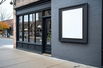 Urban storefront with blank frame ready for advertising display