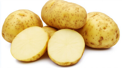 A high-angle, close-up shot depicts several whole yellow potatoes and two cross-sectioned halves. The potatoes exhibit a pale yellow flesh and a slightly rough, textured skin with subtle
