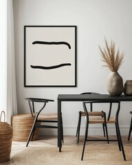 Minimalist abstract art print above dining table.