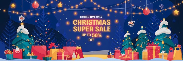 Naklejka premium Winter wonderland Christmas sale scene with a snowy background, vibrant holiday decorations, twinkling stars, a festive 50 percent off sale banner glowing in golden light for seasonal shopping deals