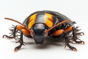 Naklejka premium Detailed close-up of a black and orange beetle on a white background