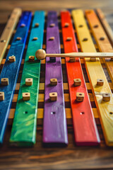 Colorful Xylophone on Wooden Table with Matching Mallets - Vibrant Musical Instrument Evoking Childhood Nostalgia
