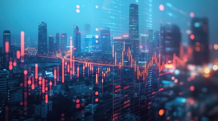 Fototapeta premium A double exposure image of a stock market graph and a cityscape.