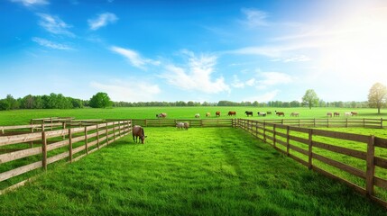 A peaceful farm setting with wooden enclosures, green pastures, and farm animals roaming freely, with copy space.