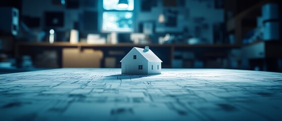 A small model house sits on architectural drawings in a workshop