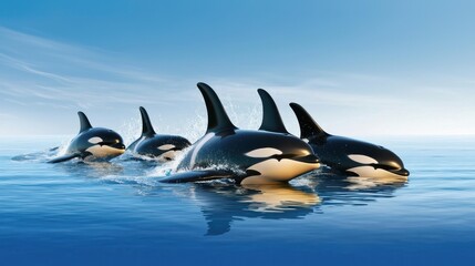 Fototapeta premium A pod of orcas surfacing together in perfect synchronization, their dorsal fins slicing through the calm, deep blue waters.