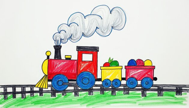 Creative children’s drawing of a train chugging along the tracks with puffs of white smoke.