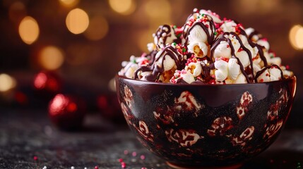 Delicious Chocolate Drizzled Popcorn Bowl with Festive Sprinkles and Holiday Decorations in Background