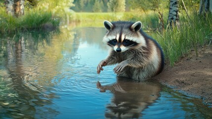 Fototapeta premium A raccoon sitting on the edge of a small river, dipping its paws into the water, with reflections of the forest and sky in the calm water.
