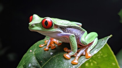 Naklejka premium A red-eyed tree frog perched on a leaf in the heart of the jungle, its striking red eyes and green body standing out against the backdrop.