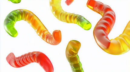 High-angle, close-up shot of multiple gummy worm candies against a pure white background. The candies are vibrant and translucent, showcasing a range of colors including red, orange, yellow, and