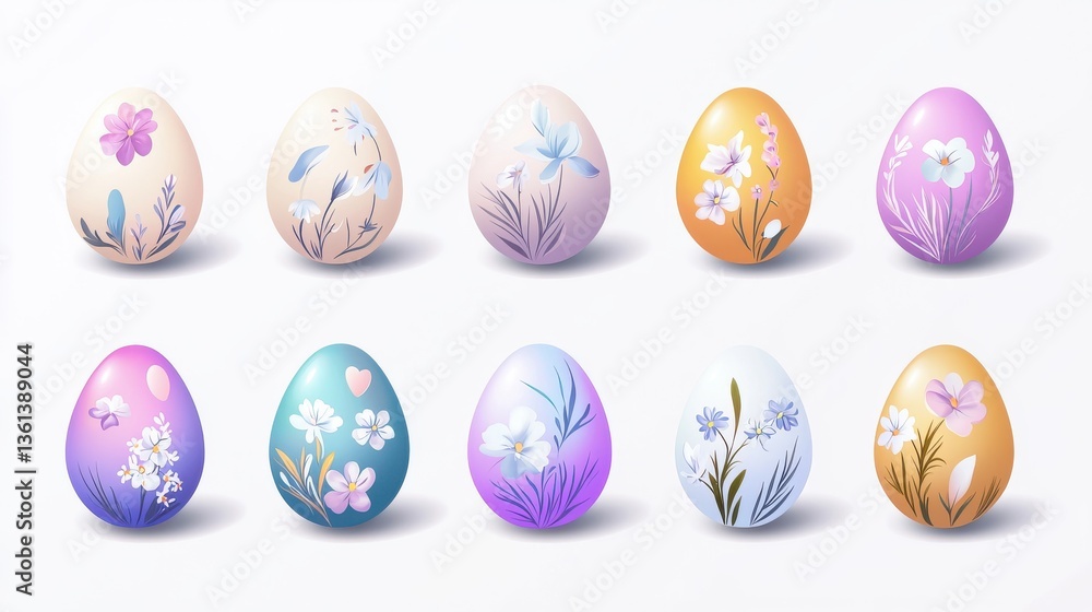 Poster a series of easter egg icons featuring subtle gradients and soft floral illustrations, ideal for use