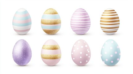 Obraz premium A set of Easter egg icons in soft pastel shades, each featuring different textures like glitter, stripes, and polka dots, ideal for festive graphics.