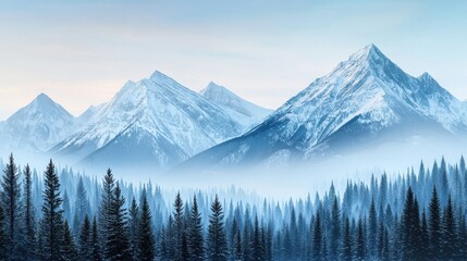 Fototapeta premium A snowy mountain range in the distance, with dense pine forests at its base, creating a perfect wildlife habitat, with soft hues of blue and white, with copy space.