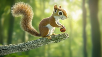Fototapeta premium A squirrel perched on a tree branch, its tiny paws clutching an acorn as it surveys the forest below.