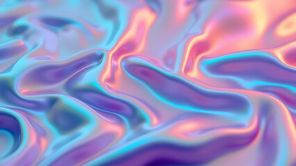 Obraz premium Futuristic Liquid Metal Texture with Vibrant Iridescent Blue and Pink Holographic Waves – Abstract 3D Rendered Metallic Surface for Trendy Digital Art, Luxury Branding, Fashion, and Tech Backgrounds