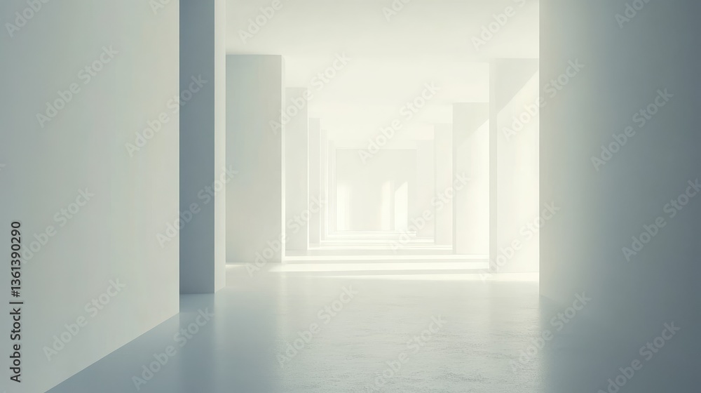 Poster bright minimalist corridor with soft lighting and white columns leading to an illuminated space