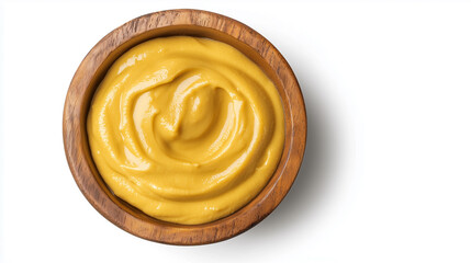 High-angle, close-up shot of a wooden bowl filled with a creamy, yellow sauce. The sauce has a smooth, swirling texture with a slightly glossy appearance. The bowl is round and made of light brown