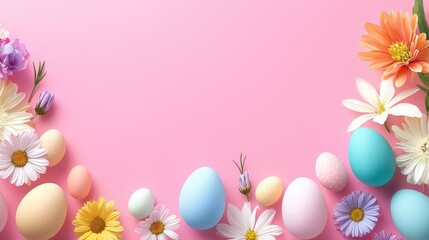 Colorful Easter eggs and spring flowers arranged in a horizontal pattern with a bright pastel background, perfect for banners.