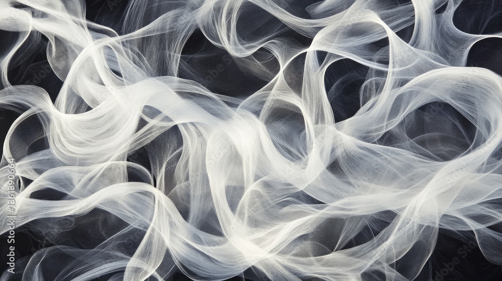 Poster ethereal white smoke swirls on dark background creating abstract patterns and textures for artistic 