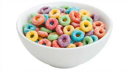 High-angle, close-up shot of a white bowl filled with small, colorful cereal rings. The cereal pieces are predominantly circular with a hole in the center, exhibiting a variety of pastel hues