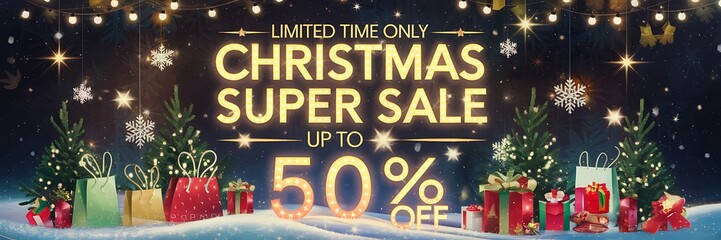 Winter wonderland Christmas sale scene with a snowy background, vibrant holiday decorations, twinkling stars, a festive 50 percent off sale banner glowing in golden light for seasonal shopping deals