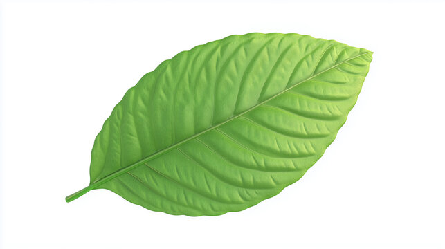 A detailed close-up shot of a single, vibrant green leaf isolated on a pure white background. The leaf exhibits prominent, parallel veins creating a textured surface.  The image is sharply focused,