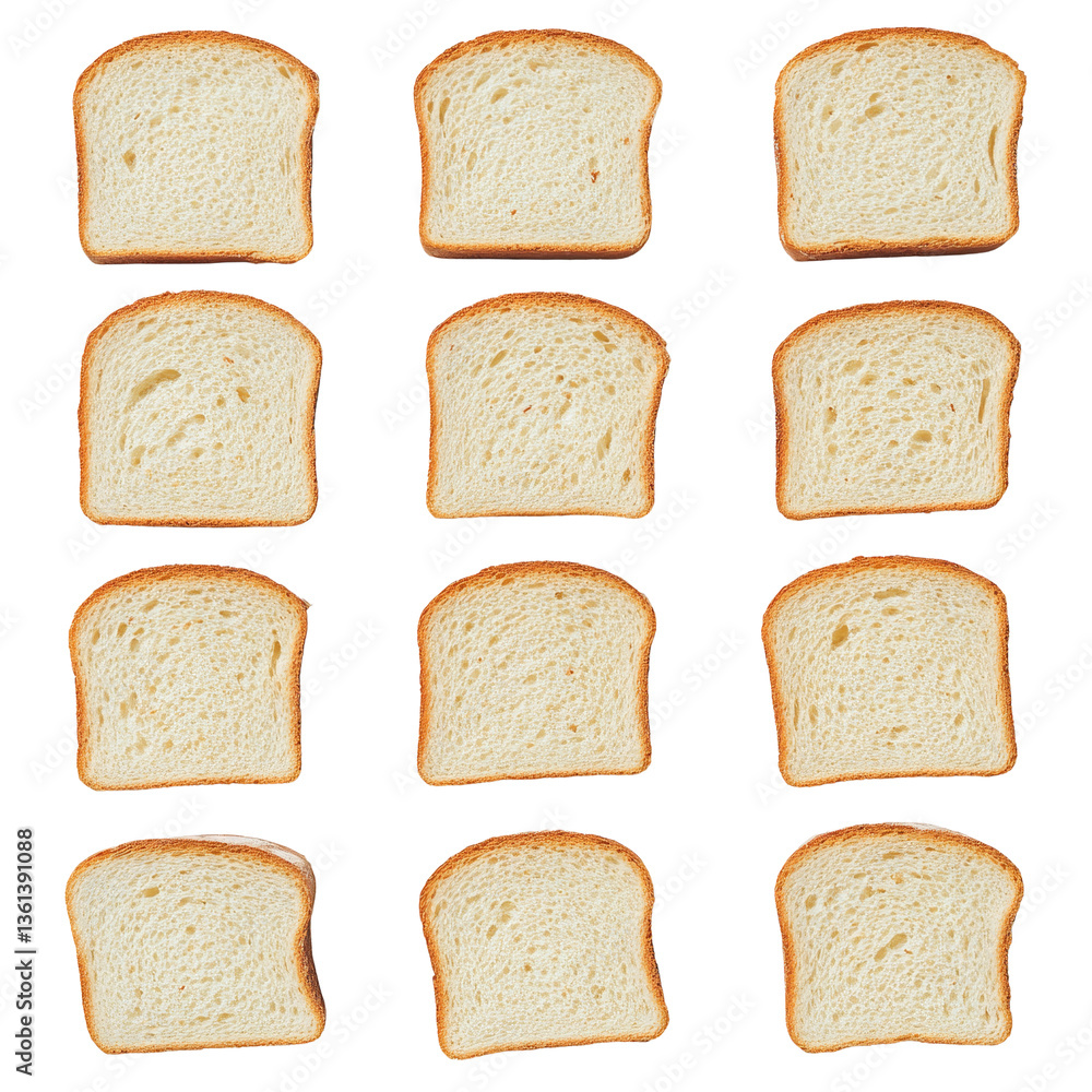 Poster Rows of neatly arranged slices of bread displayed on a clean transparent background for a culinary presentation, Rows of bread, rows of slices on transparent backgroundfile