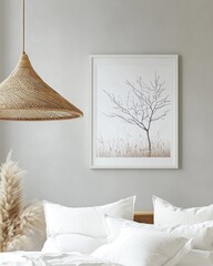 Minimalist bedroom decor with framed nature art.
