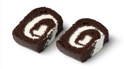 High-angle, close-up studio shot of two slices of chocolate swiss roll cake against a bright white background.  Each slice reveals a light-colored, creamy filling swirled within a dark chocolate