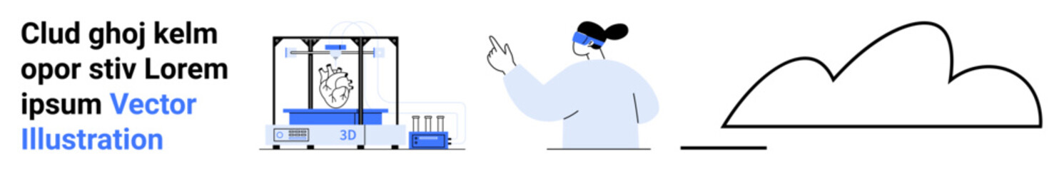 Researcher working with 3D printing machine, cloud storage, presenting technology process. Ideal for innovation, tech, research, education, automation, cloud tech simple landing page