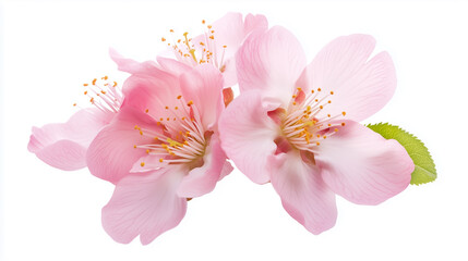 A high-resolution close-up image depicts two light pink blossoms against a pure white background.  The flowers exhibit a shallow depth of field, drawing focus to the intricate detail of the petals,
