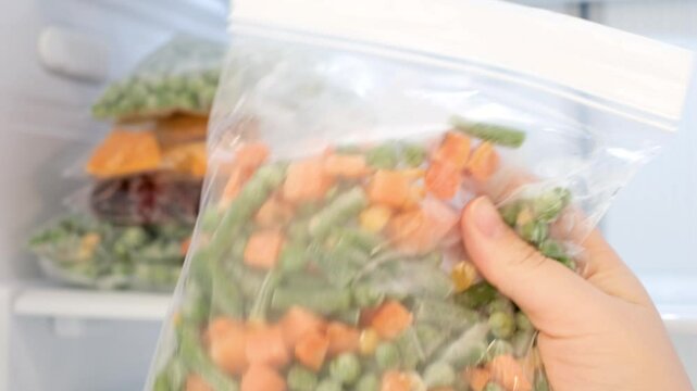 Female hand holding zip bag with frozen green peas and carrots against open freezer background.