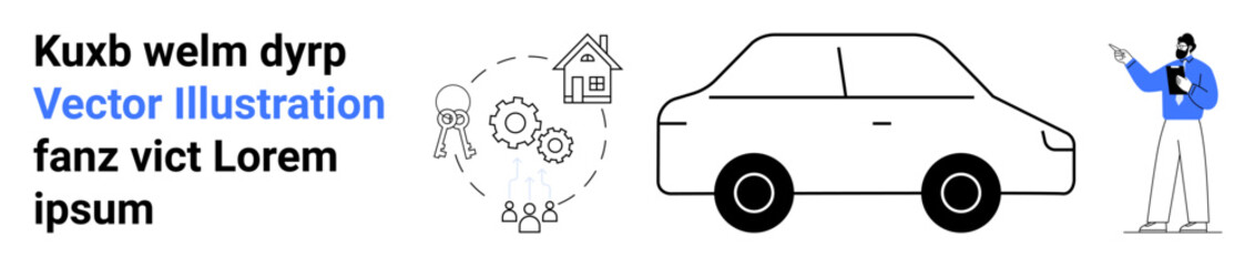 Man in blue jacket pointing towards a car and icons including a house, gears, and people symbolizing mobility, innovation, community, home ownership, business, teamwork, and simple landing page