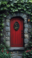 Red door stone wall ivy leaves arched entrance vintage cottage rustic house round window floral wreath garden path natural elements textured facade cozy exterior storybook charm old-world feel © NNS Studio