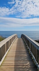 Naklejka premium A wooden bridge leads to the horizon over a blue ocean