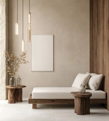 Minimalist bedroom interior design with wooden bed, side tables, and pendant lights.