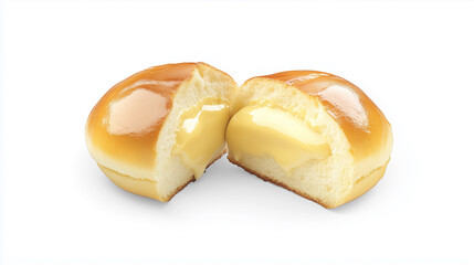 High-angle, close-up studio shot of a halved custard-filled bun against a pure white background. The bun is a light golden-brown color with a glossy sheen.  The interior reveals a smooth, pale yellow