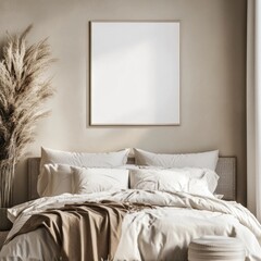 Minimalist bedroom interior with a large blank canvas above the bed.
