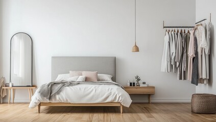 Minimalist bedroom interior with bed, clothes rack, and mirror.