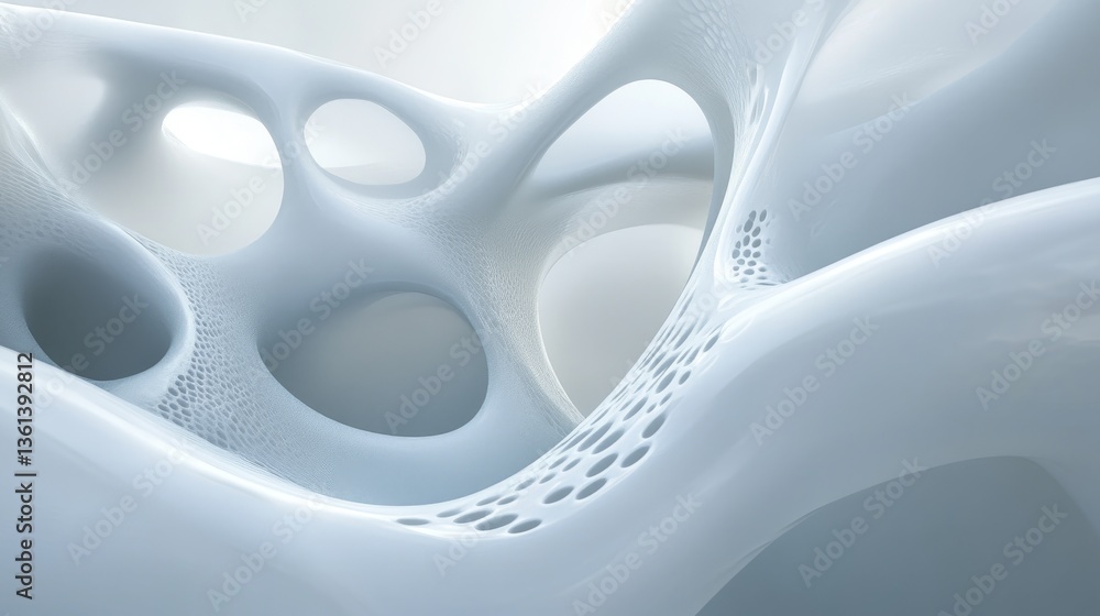 Poster abstract organic structure with smooth curves and interconnected cavities in light color palette for