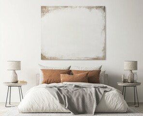 Minimalist bedroom interior with beige abstract artwork above bed.