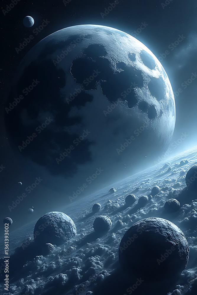 Poster exploring celestial bodies in deep space digital art sci-fi environment cosmic viewpoint