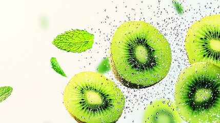 Kiwi Slices Splashing for Fresh Mint.